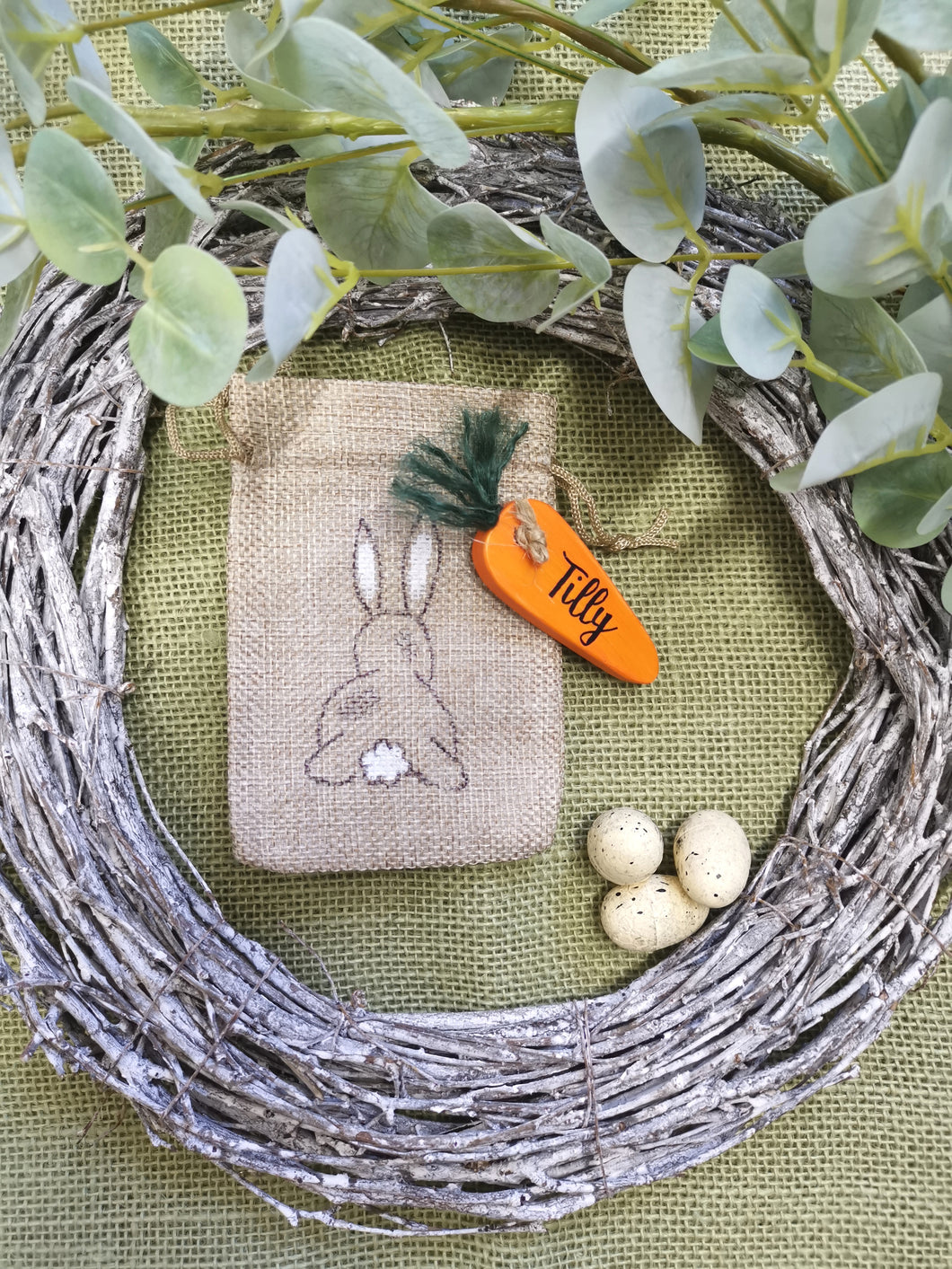 Easter Treat Bags  , Burlap bag with personalised wooden carrot