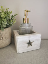 Load image into Gallery viewer, Glass soap dispenser in wooden holder
