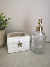 Load image into Gallery viewer, Glass soap dispenser in wooden holder
