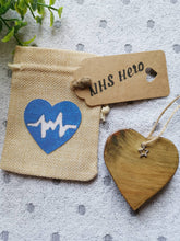 Load image into Gallery viewer, NHS HERO Letterbox Gift, Solid Wood keepsake Heart in Mini Burlap Gift Bag, Thank you NHS Gift,
